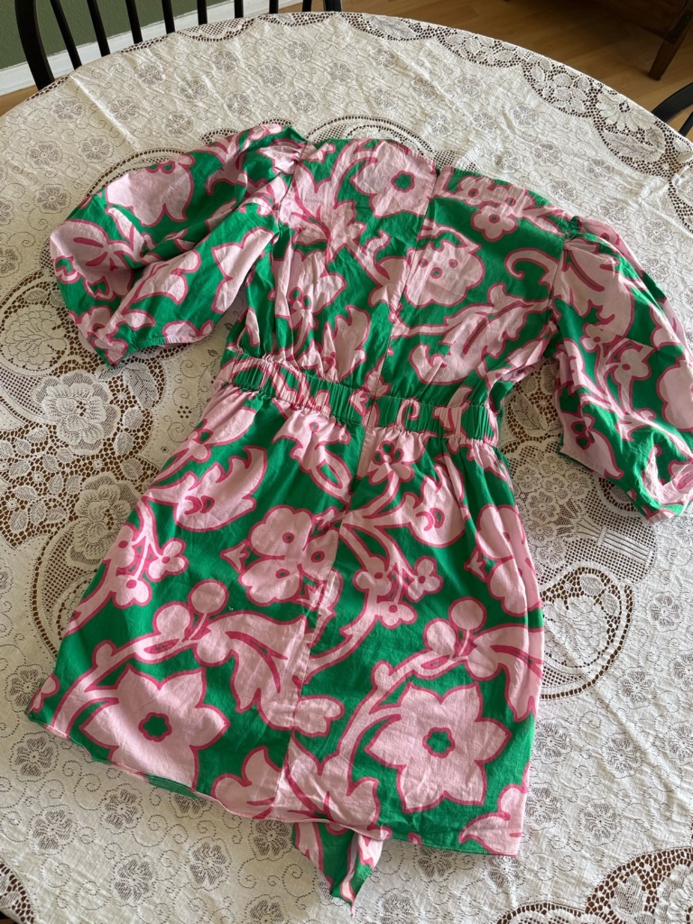 RHODE Pia Floral Ruched Mini Dress in the "Take It Easy" green and pink pattern - Picture 4 of 6